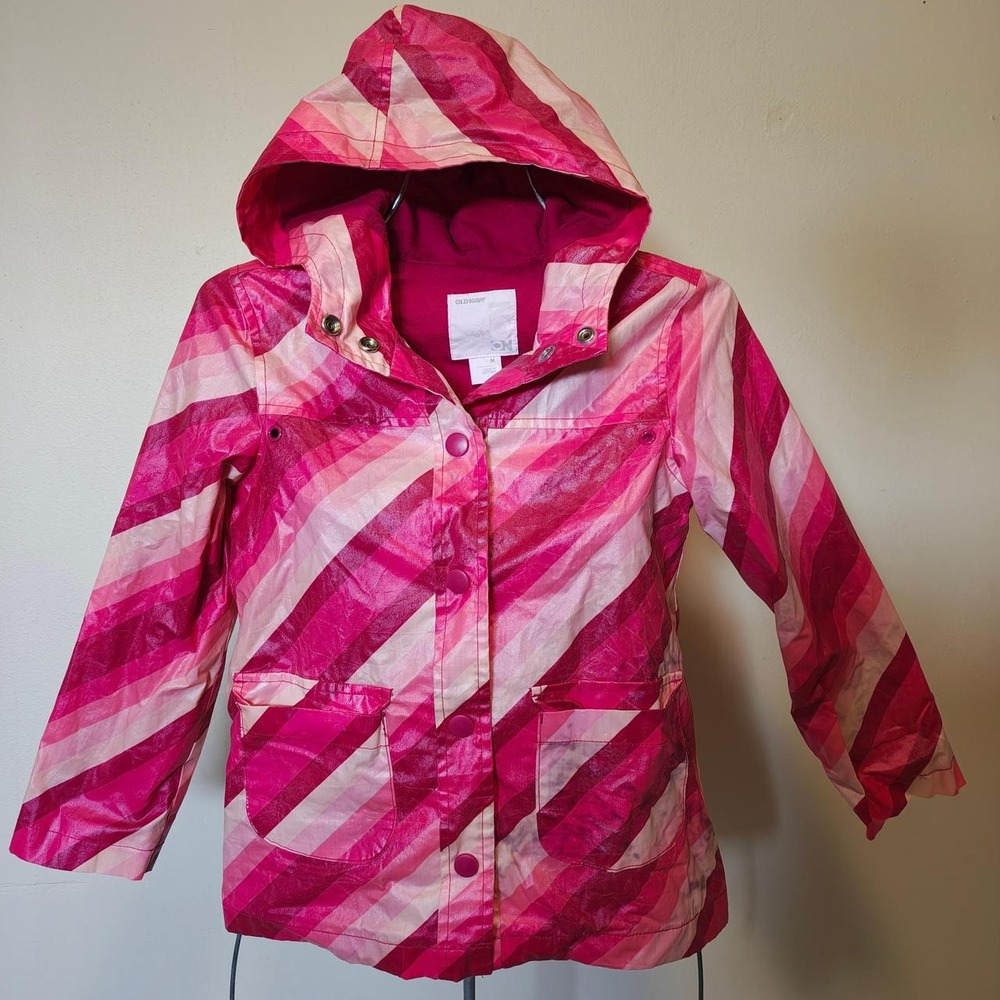 Old Navy Womens Pink Striped Hooded Rain Jacket Size M Pockets Outdoor Coat